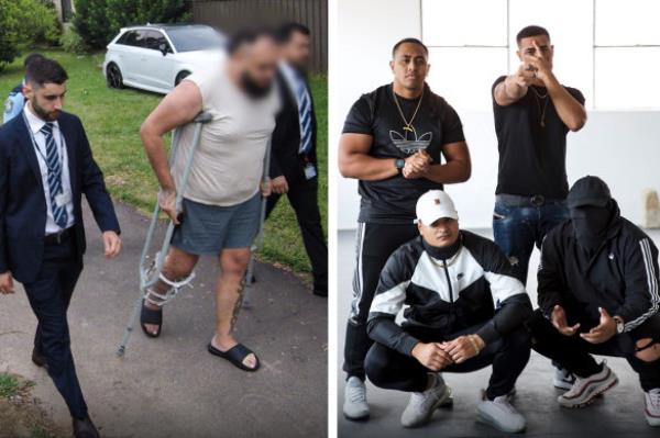 NSW police arrest a man (left) in January over an alleged plot to kill members of the rap group o<em></em>neFour (right).
