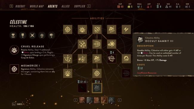 The assassin Celestine's skill tree, focused on her Occult Gambit ability that co<em></em>nverts sanity into bo<em></em>nus actions