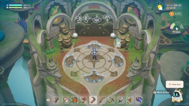 Coral Island avatar floating over a puzzle at the Merfolk Kingdom gate. 