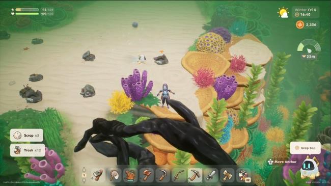 Coral Island avatar diving near large black retreating roots. 