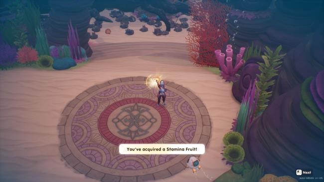 Coral Island avatar holding up a stamina fruit in the Merfolk Kingdom. Black roots and trash can be seen in the distance. 