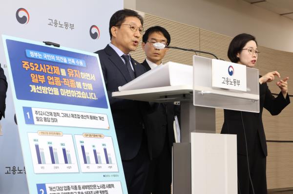 Vice Labor Minister Lee Sung-hee (left) speaks at a media briefing a<em></em>bout 52-hour workweek reforms at the Sejong Government Complex, Monday. (Yonhap)