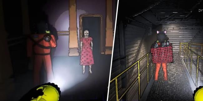 Lethal Company - Split Image: Ghost Girl standing next to a player / Player carrying the bottle crate scrap