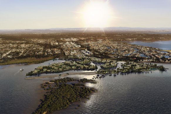The Walker Group’s latest images for the co<em></em>ntroversial $1.4 billion Too<em></em>ndah Harbour development at Cleveland. Cassim Island, used as a roosting site by internatio<em></em>nal migratory birds, is in the foreground.