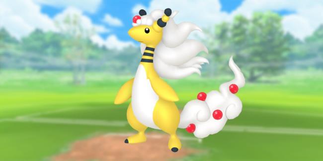 Image of Mega Ampharos with the Pokemon Go battlefield as the background