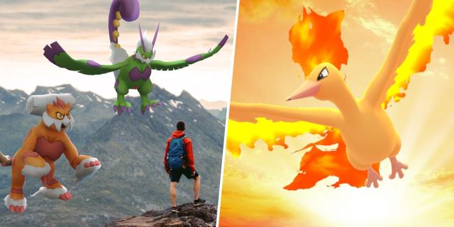 Image of Landorus and Tornadus split with an image of Moltres
